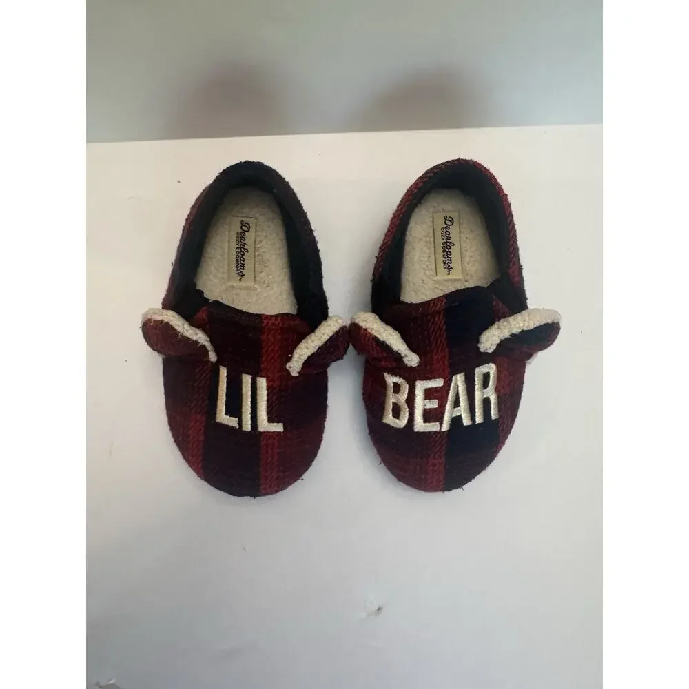 Dearfoams Lil Bear Buffalo Plaid Slippers Kids Size 7-8 Red Black Cozy